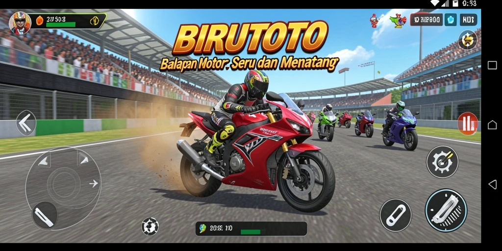 Tampilan gameplay seru dari BIRUTOTO dalam balapan motor.