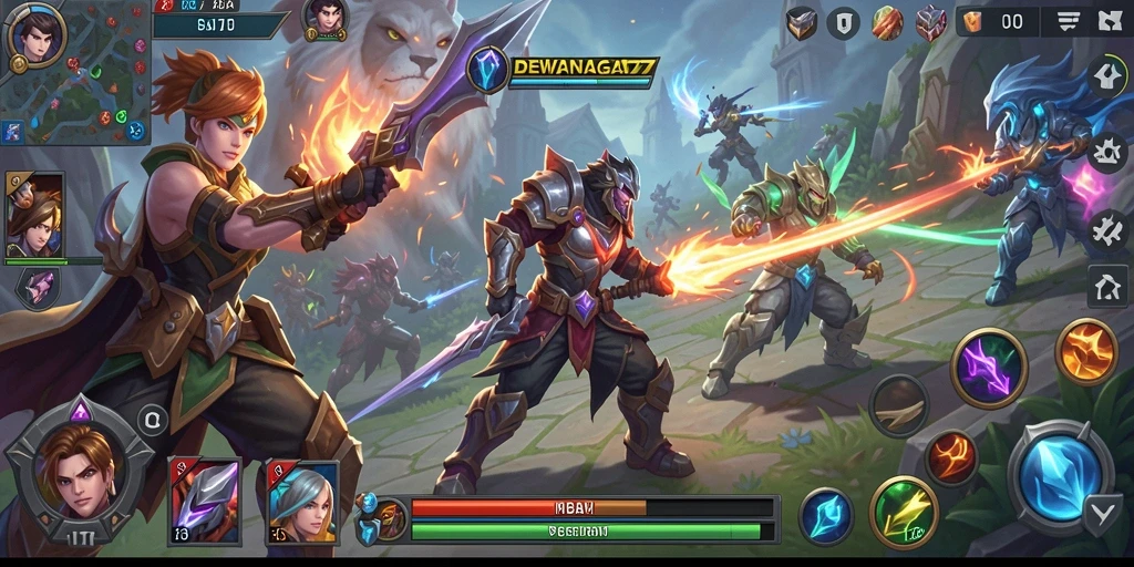 Tampilan aksi seru dalam permainan MOBA DEWANAGA77.
