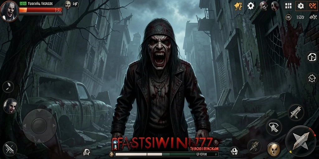 Menggambarkan ketegangan di dunia horor FASTWIN77 dengan makhluk menyeramkan.