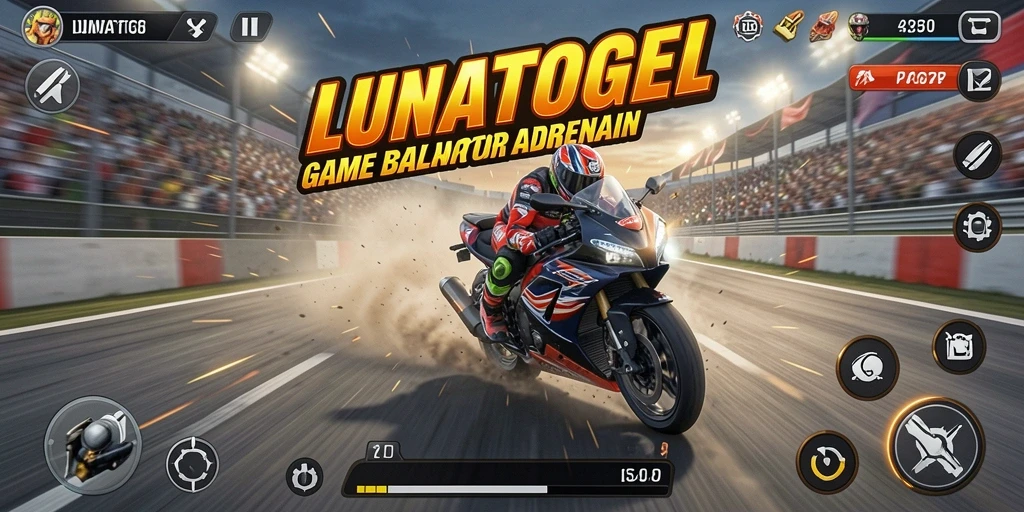Screenshot utama LUNATOGEL dengan tampilan balapan motor yang seru.