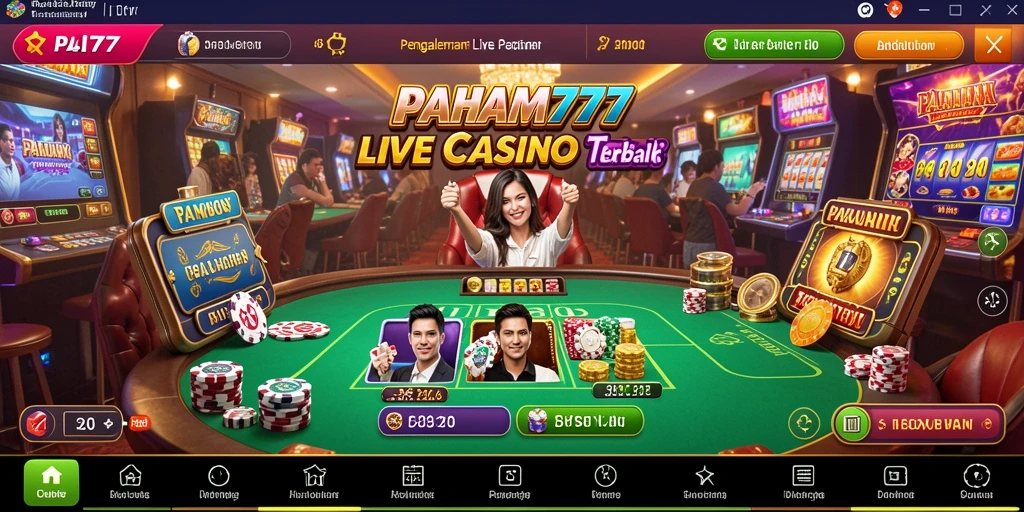Screenshot utama PAHAM777 menunjukkan dealer langsung dalam suasana kasino yang mengasyikkan.