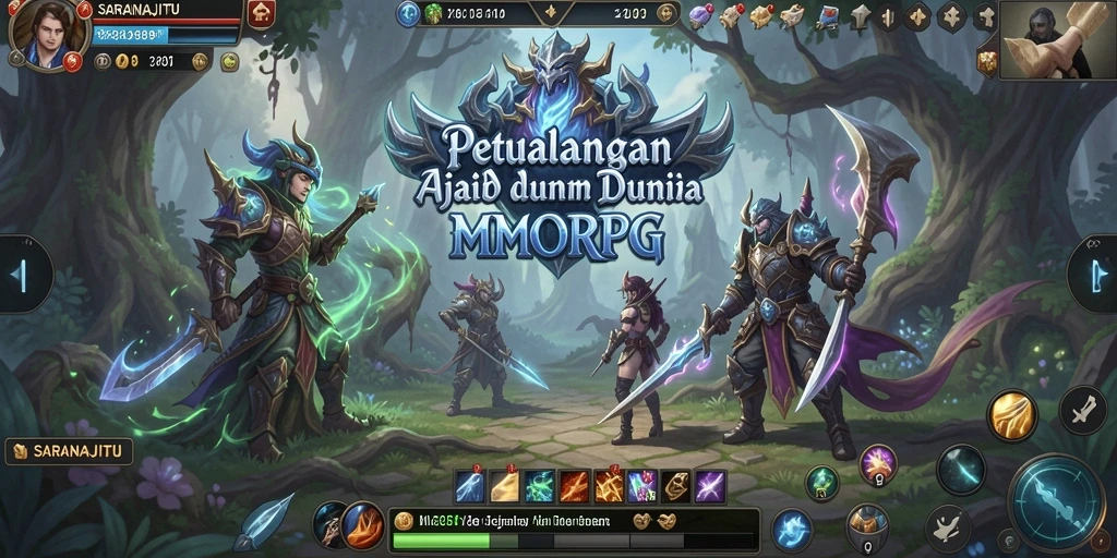 Tangkapan layar gameplay SARANAJITU menampilkan pertarungan epik dalam dunia MMORPG.