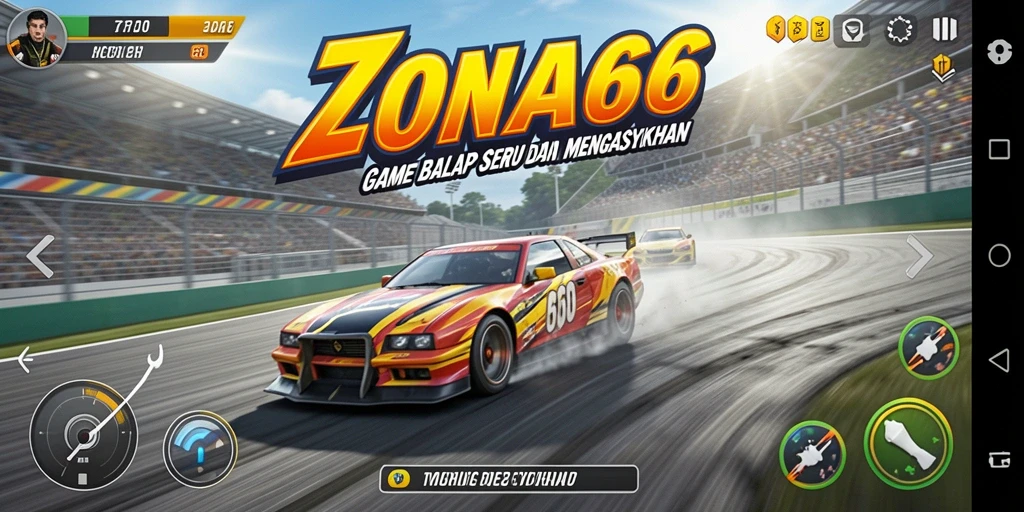 Tampilan gameplay seru dalam ZONA66 dengan balapan penuh aksi.